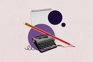 Retro typewriter. Old typewriter with pencil and note paper on purple circle background....