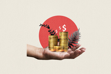 Hand shows a golden stack of coins with an increase sign red circle background. Art collage digital pop modern art