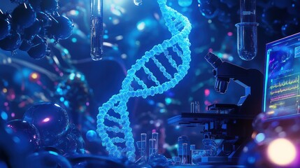 Obraz premium A vibrant scientific lab scene featuring a glowing DNA helix and laboratory equipment.