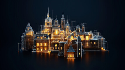 Obraz premium Futuristic glowing architectural cityscape with wireframe design and illuminated buildings on dark background