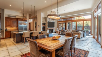 Fototapeta premium Modern kitchen and dining area with spacious layout and natural light.
