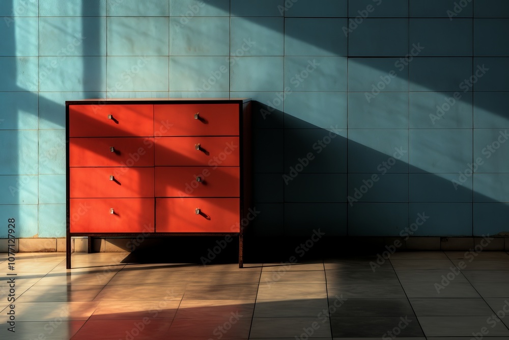 Poster exploring light and shadow a minimalist cabinet design using three basic colors