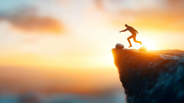 Man jumping on cliff 2025 over the precipice with stones at an amazing sunset. New Year's concept. 2024 falls into the abyss. Welcome 2025. People enters the year 2025, creative idea 2 - Powered by Adobe