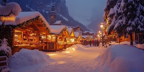 Fototapeta premium a romantically illuminated Christmas market in the evening with many stalls in deep snow