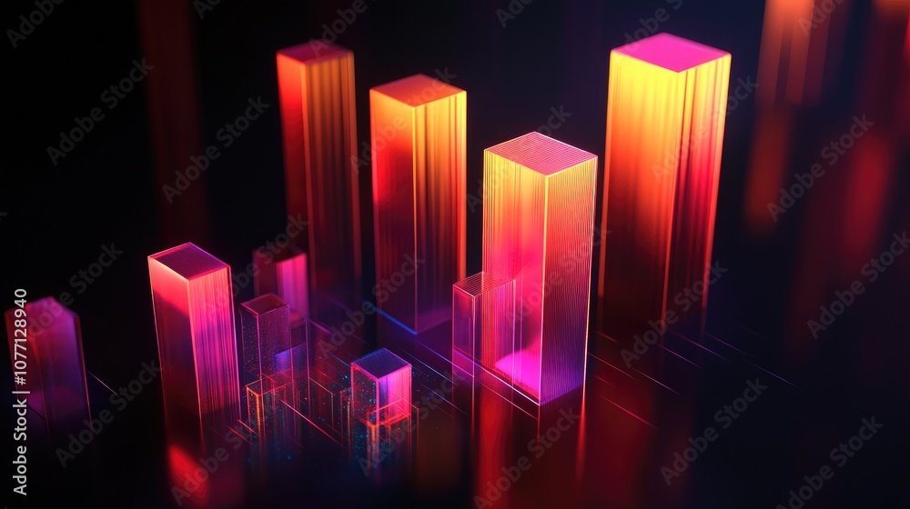 Poster vibrant abstract 3d visualization of glowing rectangular shapes representing data flow, digital tren
