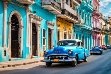 Obraz premium Timeless Blue: Vintage Car in the Heart of Havana, Cuba