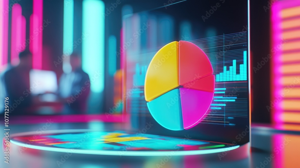 Poster modern data visualization with pie chart and bar graph in a stylish workspace showcasing digital ana