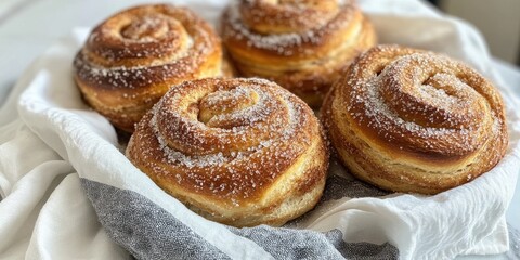 Fototapeta premium A relaxing morning unfolds with fluffy cinnamon rolls dusted in sugar beside a warm cup of coffee, all wrapped in soft linen, inviting comfort and indulgence.
