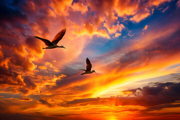 Fototapeta premium A stunning sunset with vibrant clouds, where two birds soar gracefully across the colorful sky, creating a serene and picturesque landscape.