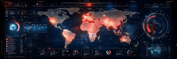 Control center monitoring global network activity and data analysis