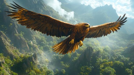 A majestic golden eagle soars through a misty mountain landscape, its wings outstretched against a backdrop of green trees and jagged peaks.