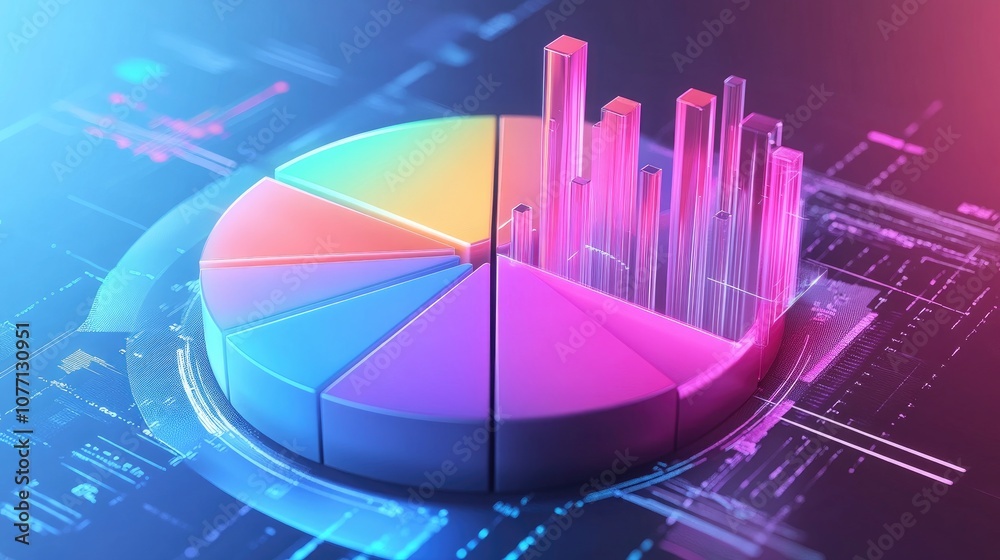 Poster Visual Representation of Data Analysis in 3D with Colorful Pie Chart and Bar Graph, Digital Technology and Modern Finance Concepts for Business Insights