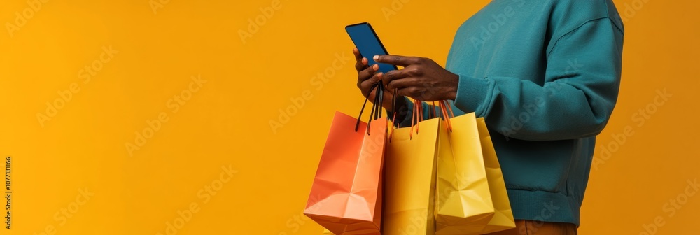 Aufkleber unrecognizable black man using mobile phone and holding colorful shopping bags on yellow background,