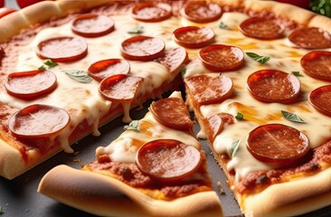 a delicious pepperoni pizza with cheese and herbs. concept of pizzerias, Italian restaurants, food bloggers