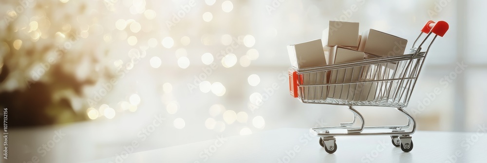 Aufkleber Miniature shopping cart full of cardboard boxes is standing on a white table with bokeh effect lights in the background, representing the concept of online shopping and e commerce