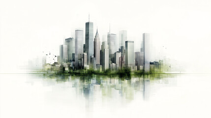 Fototapeta premium Green city skyline is reflecting in water with a large area of copy space