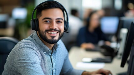 Fototapeta premium Smiling Man Wearing Headset in Office Setting