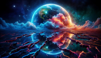 Colorful Landscape Art, Earth Planet , Magic, Neon Lights, 3D Nature, 4K Background , for Youtube thumnail or background video or music cover art , or home decor