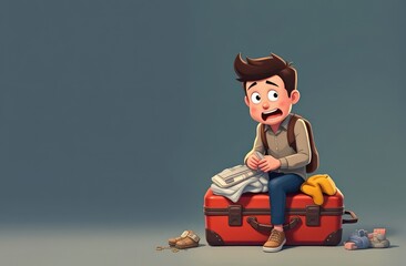 humorous cartoon illustration of teen traveler sitting on overstuffed suitcase, struggling to zip it closed. travel challenges, preparations. tourism and vacation, adventure, journey.