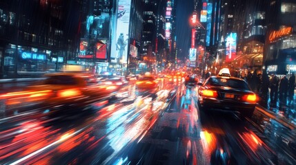 Fototapeta premium Capture the bustling energy of a city street at night, with bright lights and moving cars.