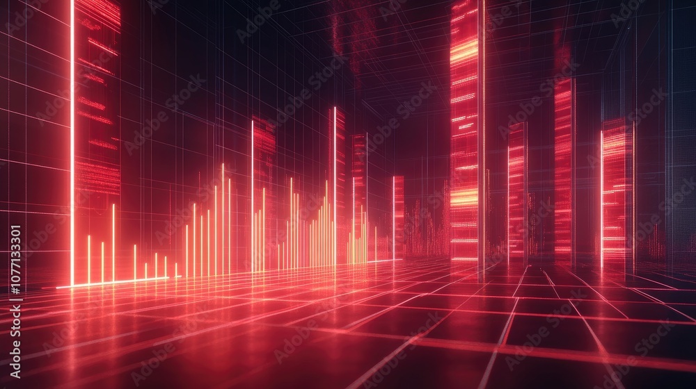 Poster abstract digital data visualization in a futuristic environment with glowing red bars and grid lines