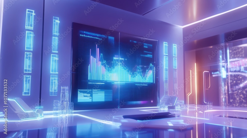 Poster futuristic digital workspace featuring data visualizations and interactive screens in a high-tech en