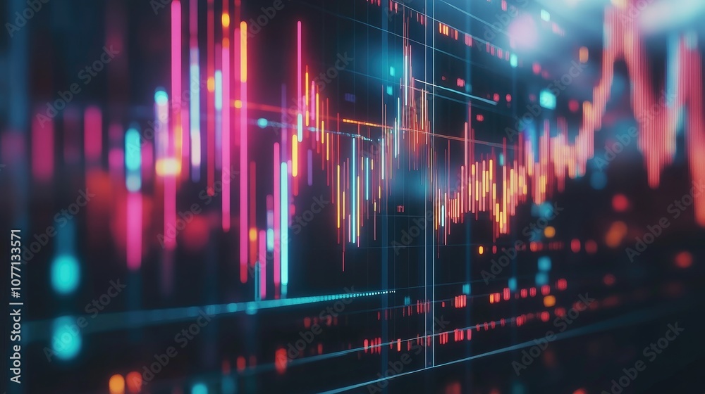 Poster abstract digital data visualization with colorful graphs and light effects representing financial or