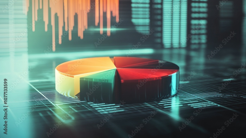 Poster Colorful 3D Pie Chart Displayed on Digital Graph Background with Abstract Data Visualization Elements for Business Analysis and Financial Reports