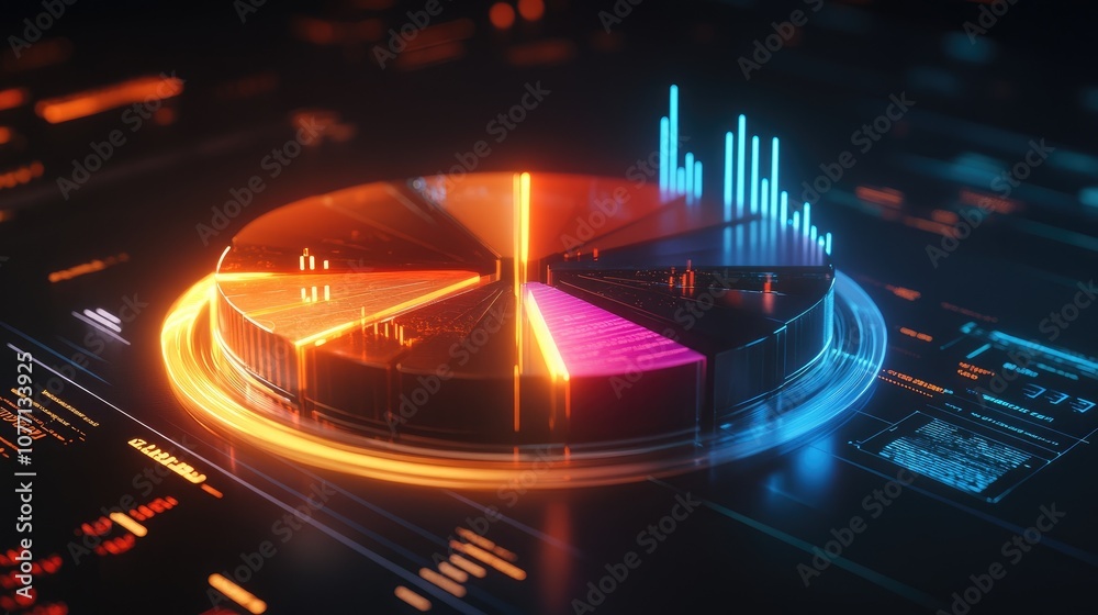 Poster futuristic pie chart visualization with neon colors for data analysis in digital environment featuri