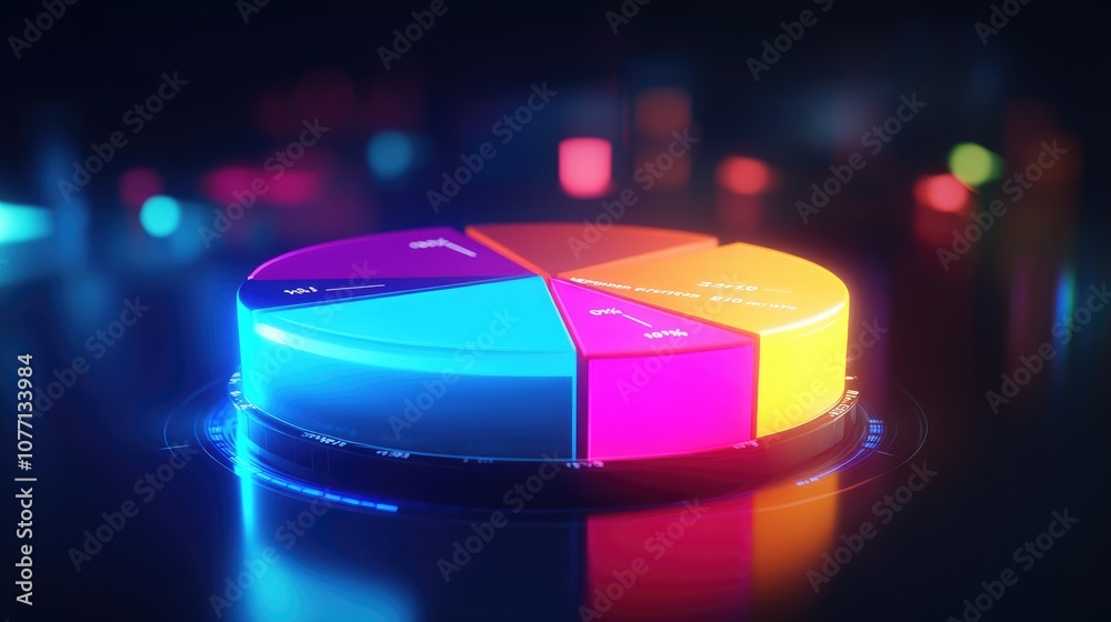 Poster colorful neon pie chart on a dark background representing data visualization and analysis in a moder
