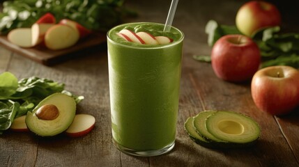 Refreshing Green Smoothie with Spinach, Apple Slices, and Avocado on Wooden Table Surrounded by Fresh Ingredients in Natural Light