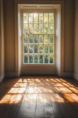 Fototapeta premium Sunlight streaming through a rustic window in a serene indoor space surrounded by nature