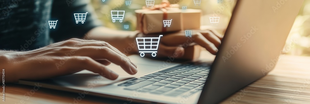 Aufkleber shopper using laptop for online shopping and e commerce, browsing products and adding to virtual car