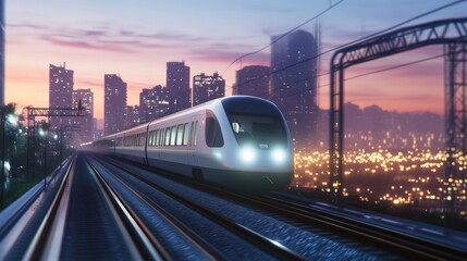 Fototapeta premium Modern High-Speed Train Traveling Through Urban Landscape at Dusk with a Vibrant City Skyline and Blurred Lights Creating a Dynamic Atmosphere of Motion