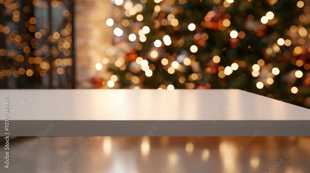 Poster A simple white table is positioned in front of a decorated Christmas tree adorned with colorful lights. The soft glow creates a festive atmosphere, ideal for holiday gatherings or celebrations.