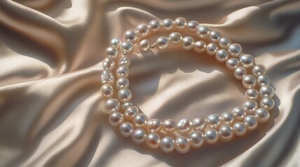 Elegant Pearl Necklace Laid on Silky Satin Fabric, Showcasing a Beautiful Arrangement of Luminous White and Cream Pearls for Fashion and Jewelry Photography