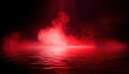 Fototapeta premium Dark Enigmatic Red Mist Reflecting Over Still Waters. Atmospheric Fantasy Scene with Smoky Symmetry, Haunting Glow, and Eerie Shadows for Horror and Sci-Fi Backgrounds