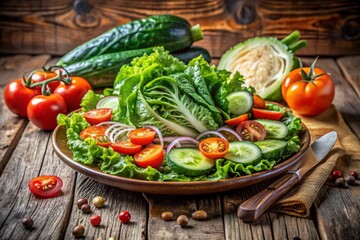 Fresh vegetables, rustic wooden table, colorful salad, vintage plate, vibrant greens, ripe tomatoes, sliced cucumbers, healthy ingredients, food photography, natural lighting, farm-to-table aesthetic,