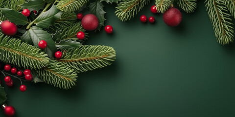 Christmas scene featuring evergreen branches and red ornaments.