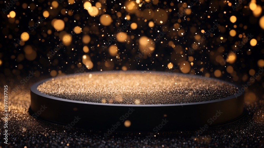 Aufkleber Golden particles float gracefully in the air, creating a mesmerizing spectacle against a dark backdrop, while a sleek circular platform sits at the center, enhancing the magic of the moment.