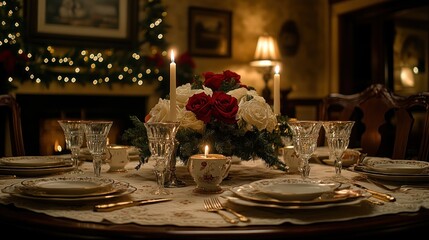 A beautifully set dining table with candles and flowers, ready for a special occasion.