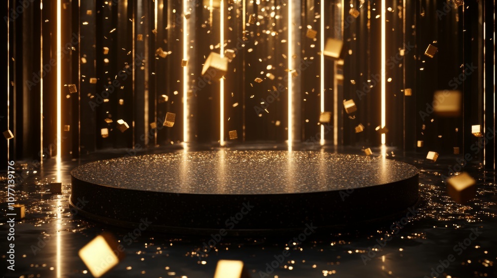 Poster A circular, sparkling stage is surrounded by vertical golden lights and falling confetti, creating a vibrant atmosphere perfect for an event or performance, inviting excitement and celebration.