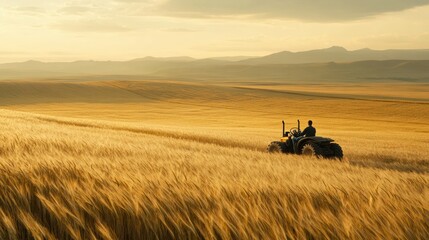 Obraz premium A lone farmer drives a tractor through a golden wheat field at sunset.