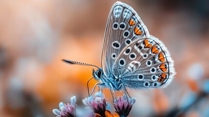 Obraz premium A blue butterfly with orange spots perched on a flower.