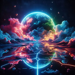 Colorful Landscape Art, Earth Planet , Magic, Neon Lights, 3D Nature, 4K Background , for Youtube thumnail or background video or music cover art , or home decor