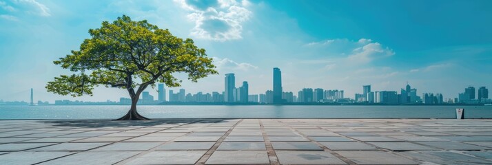 Square Cloud. Empty City Square with Green Trees and Modern City Skyline over Lake