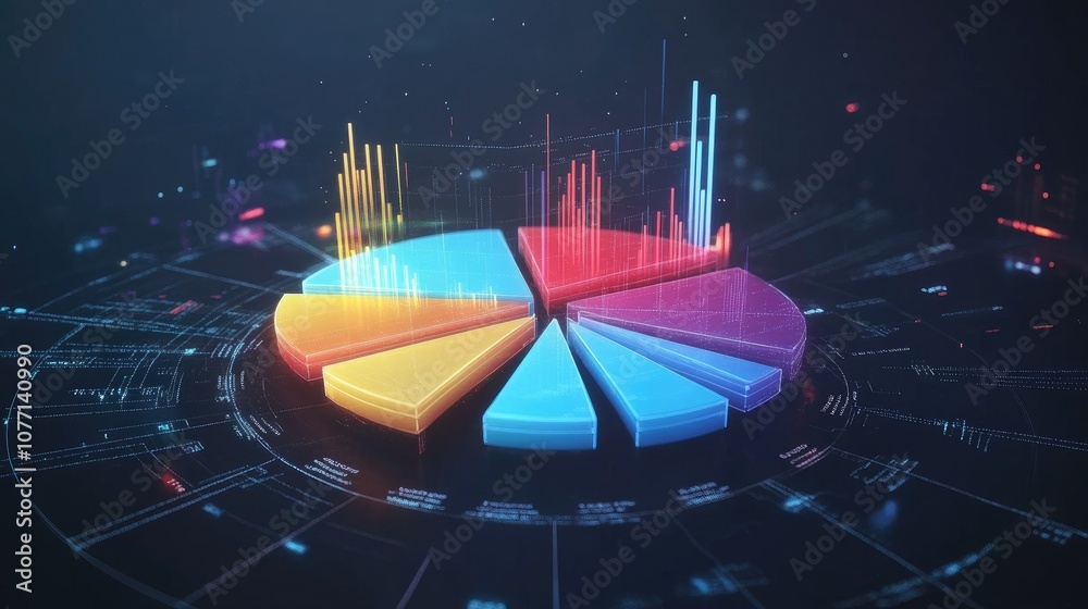 Poster futuristic data visualization with colorful pie chart and dynamic graphs representing analytical ins