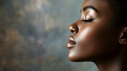 Fototapeta premium A side profile portrait emphasizing the natural angles of the face, with smooth contrast and subtle shadows that bring out the depth and sharpness in a serene background 