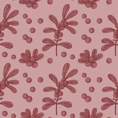 Hand drawn vector seamless pattern with Cranberry. Engraving repeating background with northern cranberry plant, berries, branch, fruits. Floral motif for design label, card, print, wrapping, paper