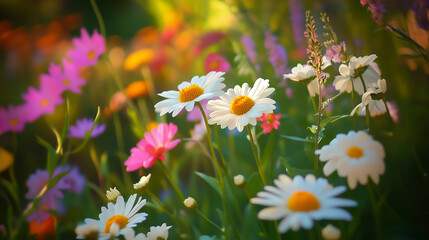 Fototapeta premium Garden landscaping. Wild daisies and cosmos blossoms. Wallpaper.